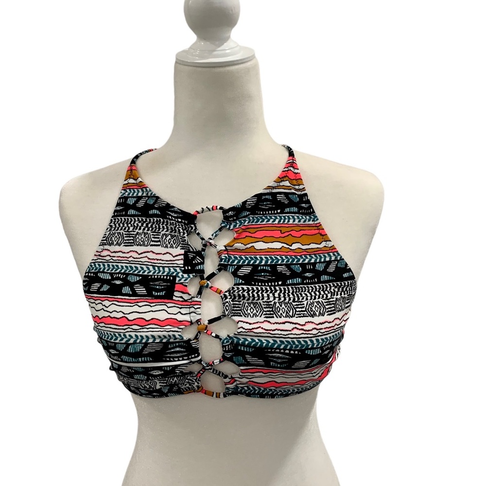 Volcom High Neck Strappy Halter Tribal Print Swim Top - Black Multi